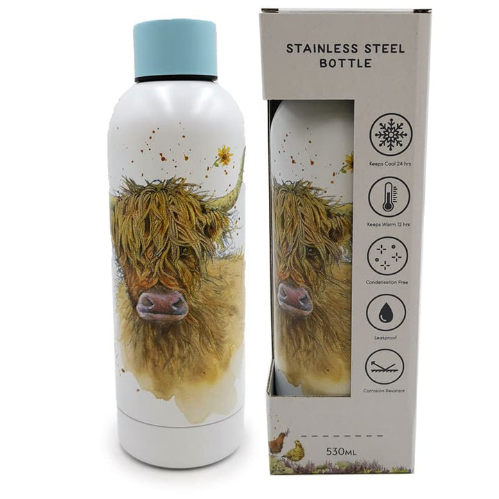 Puckator BOT205 Jan Pashley Highland Coo Cow Reusable Stainless Steel Hot & Cold Thermal Insulated Drinks Bottle 530ml