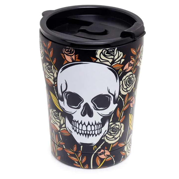 Puckator Skulls & Roses Reusable Stainless Steel Hot & Cold Thermal Insulated Food & Drink Cup 300ml - Thermos Travel Mug - Tumbler with Straw and Lid - Insulated Bubba Cup - Thermal Drink Bottle