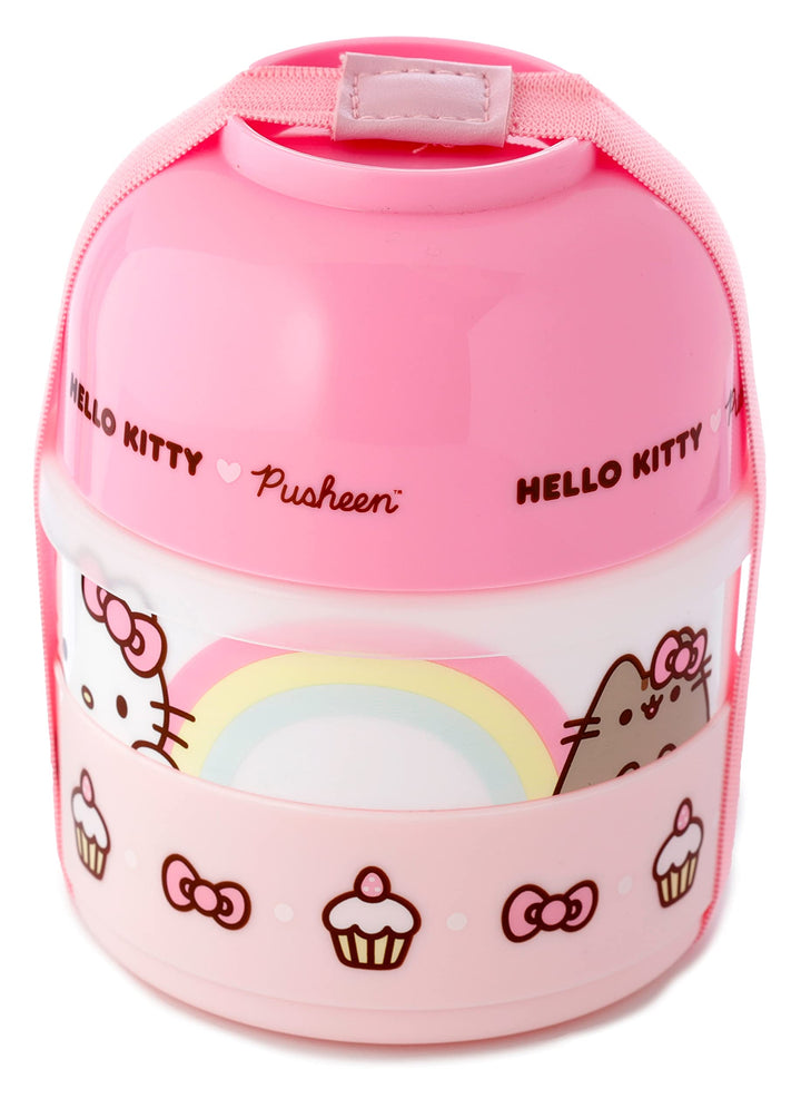 Puckator Hello Kitty & Pusheen The Cat Stacked Round Bento - Lunch Box for Adults and Kids with Compartments - Snack Box - Food Containers with Lids - Stackable Snack Pots for Kids - Meal Prep