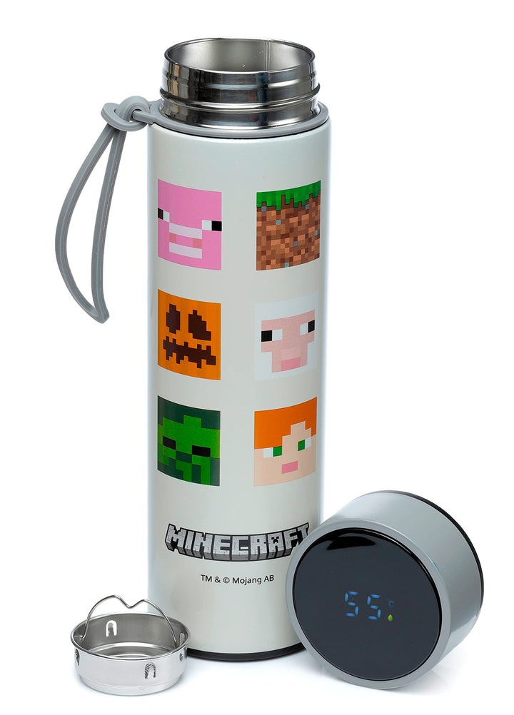 Puckator Minecraft - Stainless Steel Water Bottle with Led Temperature Display - Cold for 24h and Hot for 6h - Metal Water Bottles with Faces - Modern Thermos Flask - Bpa Free - 450 ml