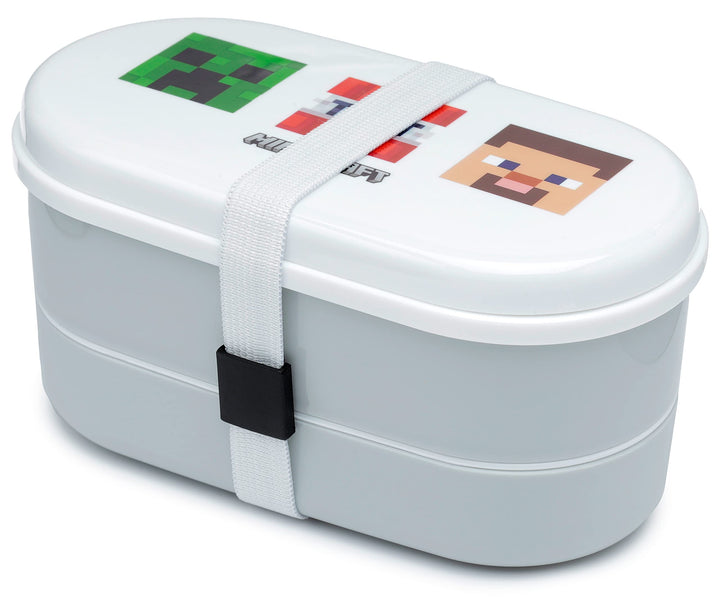 Puckator Minecraft Faces Stacked Bento Box - Lunch Box for Adults and Kids with Compartments and Fork & Spoon - Snack Box - Food Containers with Lids - Stackable Snack Pots for Kids - Meal Prep