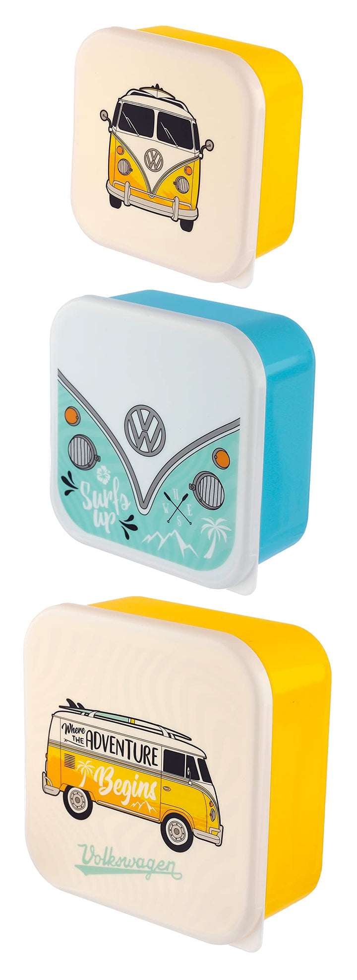 Puckator VW Surf Adventure Volkswagen T1 Camper Bus Set of 3 Lunch Box Snack Storage M/L/XL - Lunchbox with Multi Compartments - Small Food Containers - Lunchbox for Adults and Kids - Girls Boys