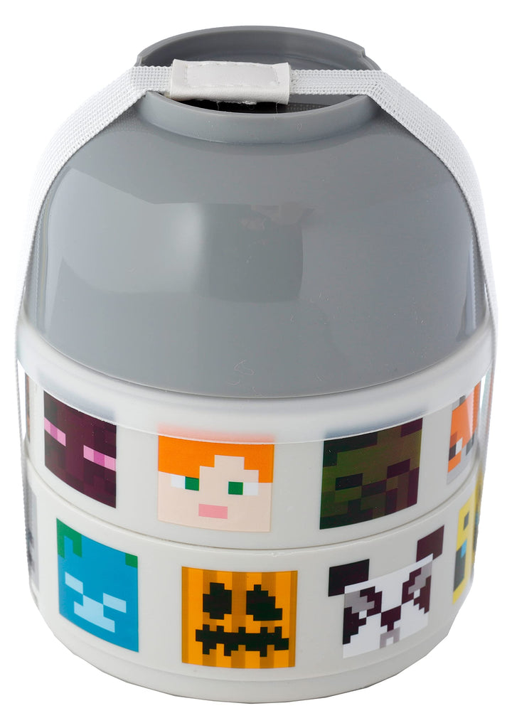 Puckator Minecraft Faces Stacked Round Bento - Lunch Box for Adults and Kids with Compartments - Snack Box - Food Containers With Lids - Stackable Snack Pots For Kids - Meal Prep Container - Lunchbox