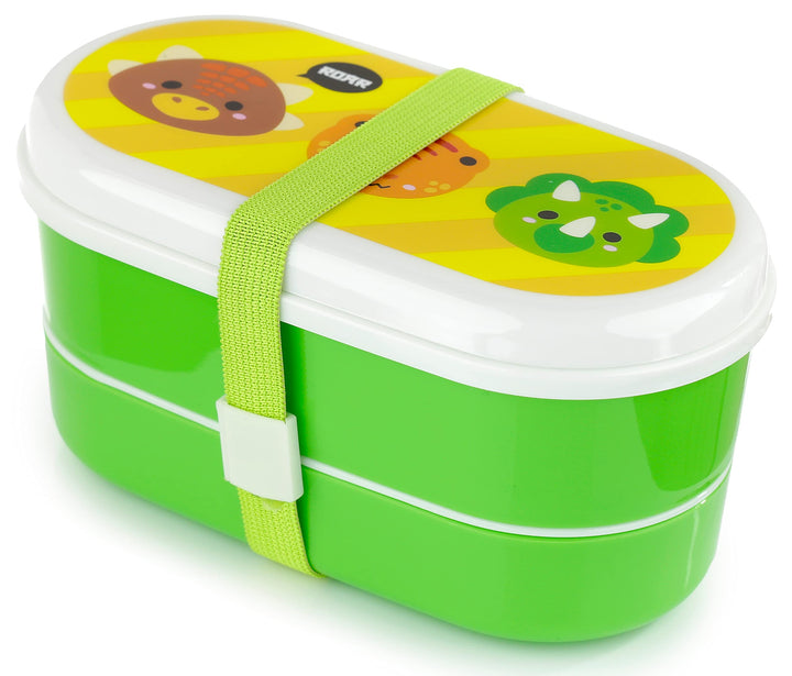 Puckator Adoramals Dinosaur Bento Box - Lunch Box for Adults and Kids with Compartments and Fork & Spoon - Snack Box - Food Containers with Lids - Stackable Snack Pots for Kids - Meal Prep Container