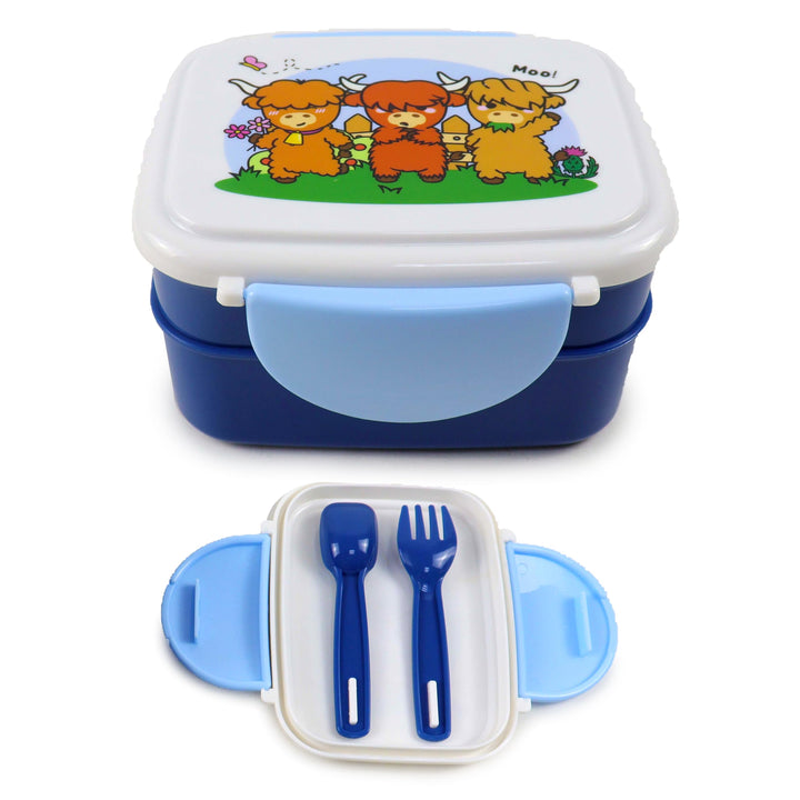 Puckator Adoramals Highland Coo Clip Lock Stacked Bento Lunch Box with Cutlery - Boxes for Adults with Compartments and Fork Spoon Snack Box Food Containers with Lids Stackable Snack Pots for Kids