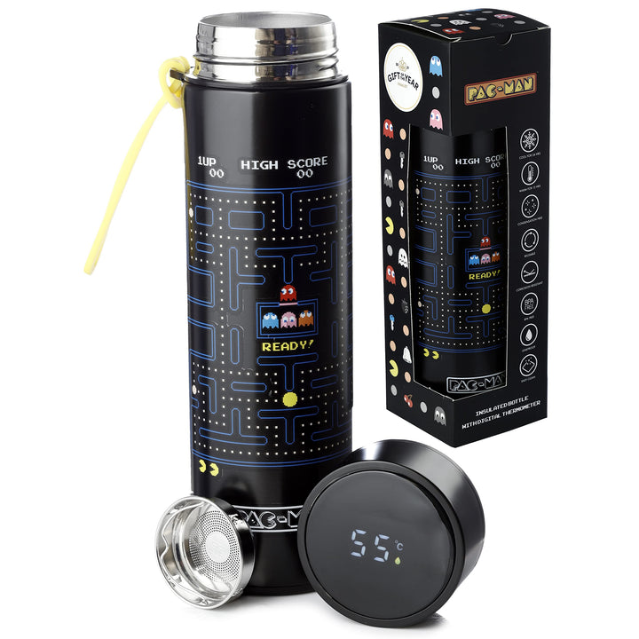 Puckator Pac-Man - Stainless Steel Water Bottle with Led Temperature Display - Cold for 24h and Hot for 12h - Metal Water Bottles with Video Game Design - Modern Thermos Flask - Bpa Free - 450 Ml