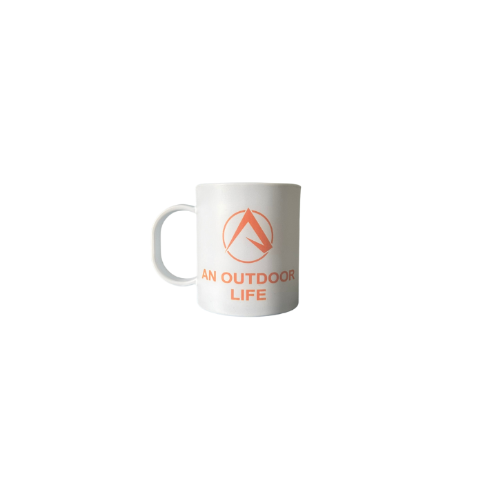 An Outdoor Life Plastic Mug in White With Full Orange Logo