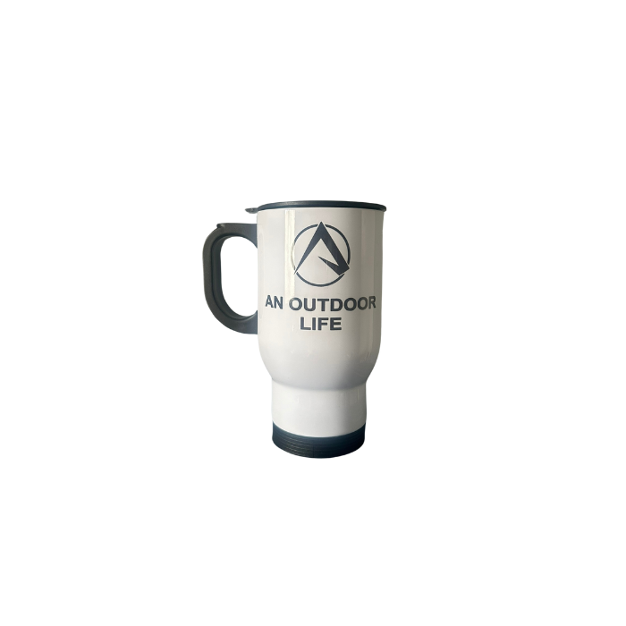 An Outdoor Life Black & White Insulated Travel Cup With Full Black Logo