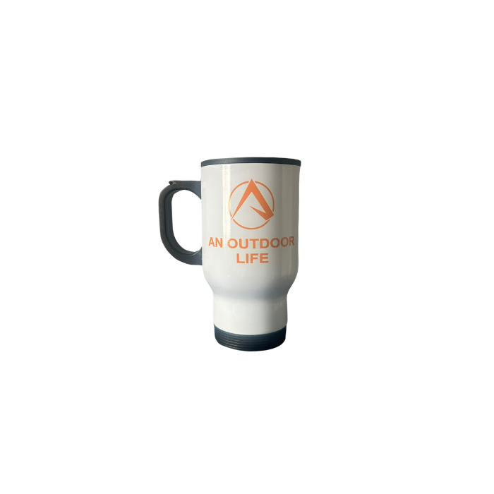 An Outdoor Life Black & White Insulated Travel Cup With Full Orange Logo