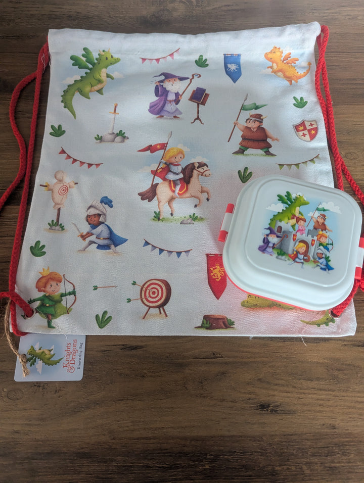 Knights and Dragons Drawstring bag and Bento snack box kit
