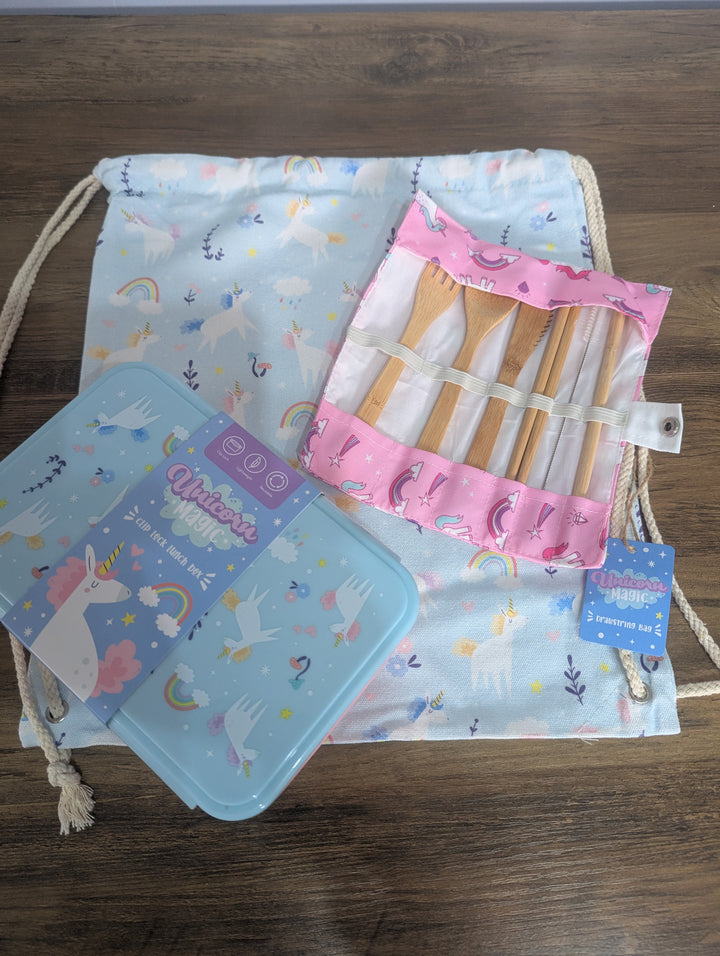 Unicorn Magic Drawstring Bag with large snack box and cutlery